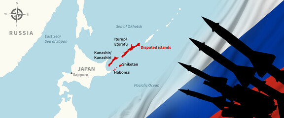 Russia and Japan conflict. Disputed islands. Kurile Island. 3d illustration.