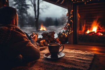 People relax sitting on the sofa and drink hot drinks near the fireplace in their home. - obrazy, fototapety, plakaty