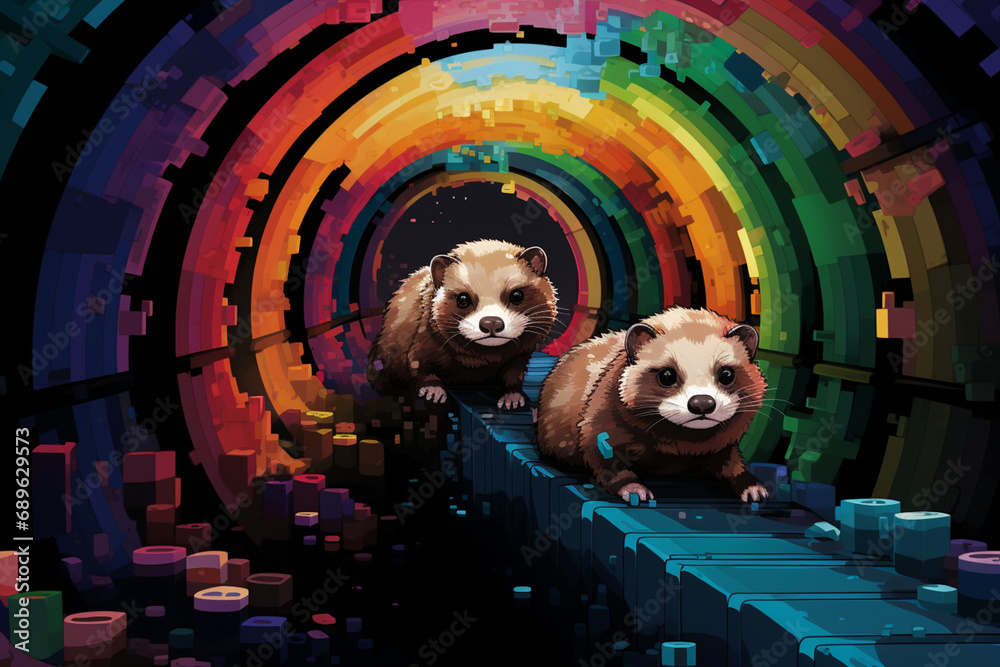 Aufkleber Playful pixel art of ferrets exploring pixelated tunnels, infusing the scene with the energy of retro ferret antics.
