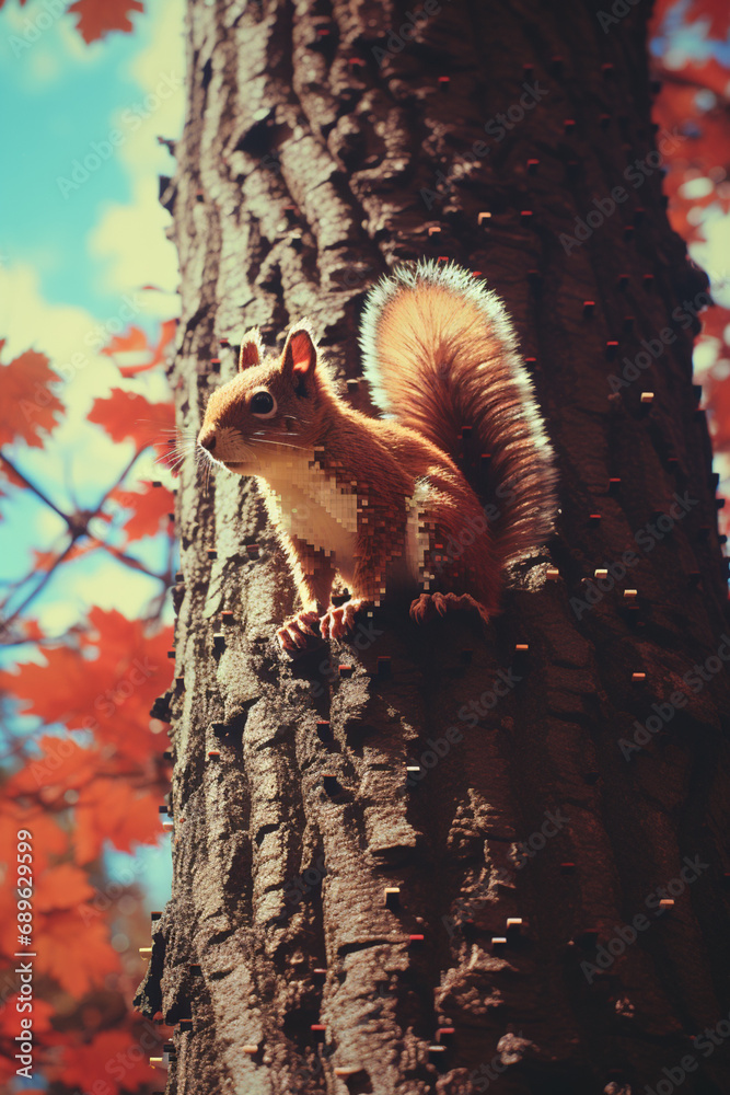 Aufkleber Dynamic pixel art of a squirrel on a pixelated tree, hunting for nuts and showcasing retro squirrel antics.