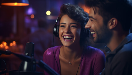 happy young man and woman recording a podcast in the studio. - obrazy, fototapety, plakaty