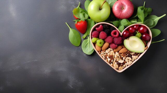 Variety of hearthealthy diet foods, including fresh fruits, vegetables, nuts, and whole grains, arranged neatly with ample copy space for text.