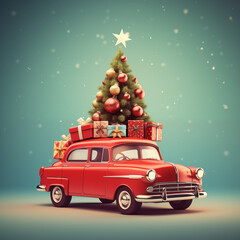 santa claus on a car, 
Red Santa's car with gift boxes and christmas tree on the top. Merry Christmas and a Happy New Year concept. Red vintag car with Christmas tree.