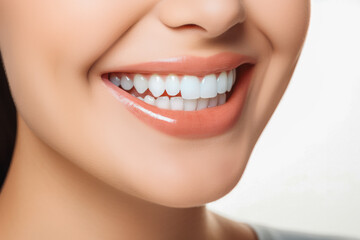 Fototapeta premium Beautiful cute smile with very clean perfect teeth. Chin, nose and mouth visible. Dental service advertisement. White background.