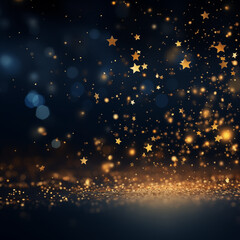 golden christmas background with stars, background with stars, Abstract background with gold stars, particles and sparkling on navy blue. Christmas Golden light shine particles.