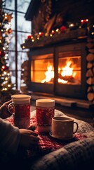 People relax sitting on the sofa and drink hot drinks near the fireplace in their home.