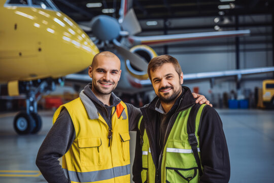 Airplane mechanics in yellow vest in front of the plane in hangar. Aircraft worker in runway airport. Aircraft maintenance mechanic inspects plane.