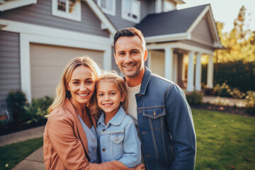 Family in front of newly purchased house, smiling proudly. Home ownership, real estate and a life goal accomplishment. Modern new house with garden.