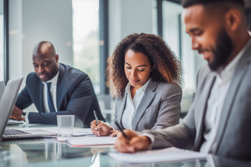 Business man and woman having a meeting, talking about business. Multicultural working in the office. Corporate business team and manager planning projects.