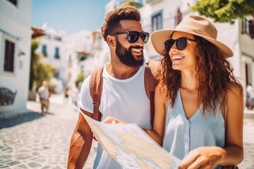 Couple mixed race traveling in summer time in greek city looking at the map. Honeymoon trip, backpacker tourist, tourism or holiday vacation travel concept. - obrazy, fototapety, plakaty