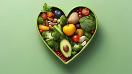 Deurstickers A vibrant photo showcasing a heartshaped bowl filled with nutritious diet foods, including fresh fruits, vegetables, and whole grains, promoting heart health and cardiovascular wellness. © TensorSpark