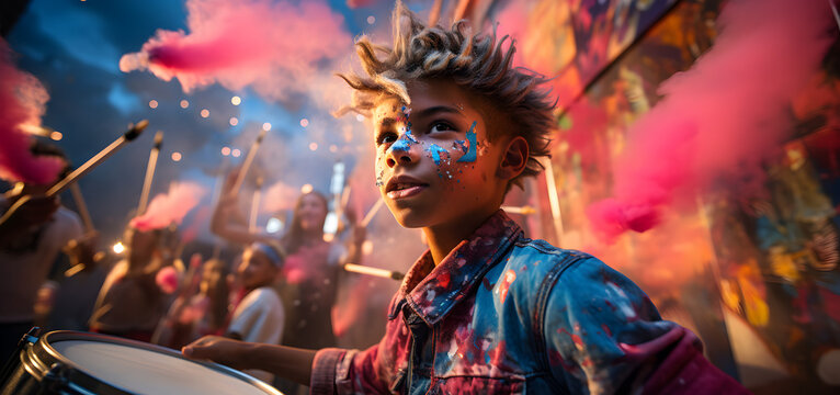 Carnival music played on drums by colorfully dressed musicians, 2024.
