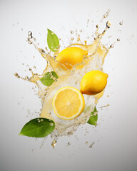 Water splash with lemons isolated on white background. Waterdrops, mid motion. Healthy vegetarian lifestyle, vitamin organic food concept, exotic fruits