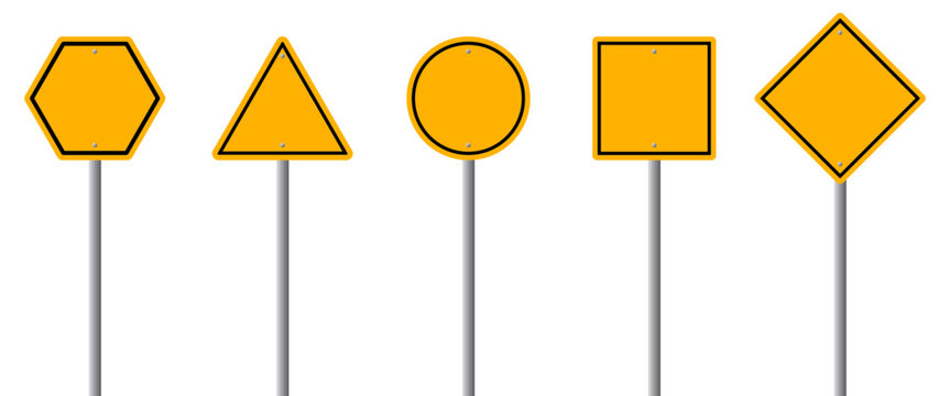 Naklejki Set of blank yellow road sign. Empty traffic signs isolated on transparent background. Highway attention roadsign.