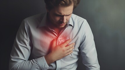 An individual clutching their chest in pain, illustrating a heart attack with visible stroke symptoms, emphasizing the importance of cardiovascular health awareness and emergency response. - obrazy, fototapety, plakaty