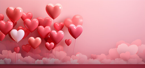 Red heart shaped balloons on pink background, flat lay with space for text. Saint Valentine's day celebration 2024