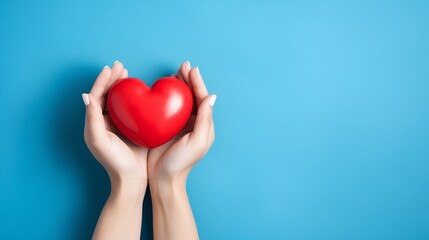 A pair of human hands gently cradling a vibrant red heart symbol, representing support for heart disease awareness and the importance of cardiovascular health care. - obrazy, fototapety, plakaty