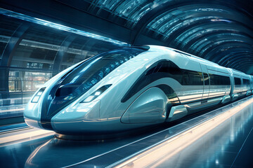 A modern high-speed train at a futuristic station, epitomizing advanced technology and fast travel...
