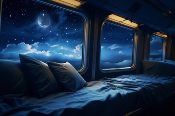 A night train travels under a starry sky - offering a peaceful journey with comfortable sleeping compartments and the tranquility of nighttime scenery.