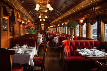 A beautifully restored vintage train car transformed into a luxury dining experience - featuring elegant decor and fine dining in a unique - historically charming setting.