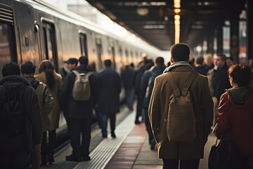 A bustling urban train station during morning rush hour - capturing the essence of daily hustle and metropolitan lifestyle among city commuters. - obrazy, fototapety, plakaty