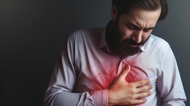 An individual clutching their chest in pain, illustrating a heart attack with visible stroke symptoms, emphasizing the importance of cardiovascular health awareness and emergency response.