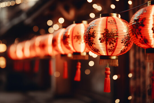 Chinese red lantern in the night of Chinese New Year of happiness, 2024. Dragon.
