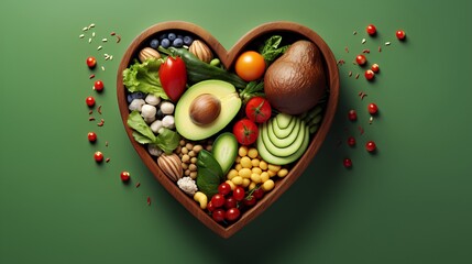 A vibrant photo showcasing a heartshaped bowl filled with nutritious diet foods, including fresh fruits, vegetables, and whole grains, promoting heart health and cardiovascular wellness. - obrazy, fototapety, plakaty