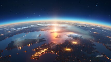 A breathtaking panoramic view of planet Earth as seen from space, showcasing the vibrant city lights illuminating the globes surface against the dark cosmos.