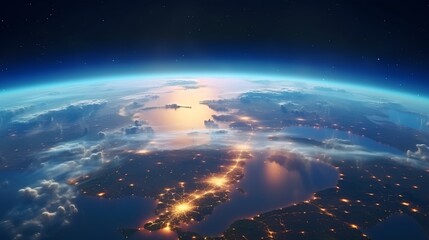 Obraz premium A breathtaking panoramic view of planet Earth as seen from space, showcasing the vibrant city lights illuminating the globes surface against the dark cosmos.