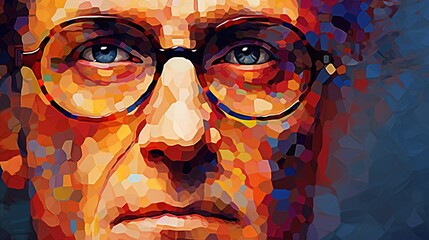 Digital illustration in the style of Chuck Close, An extreme close-up of colorful particles forming an abstract mosaic, revealing incredible detail
