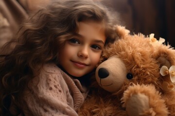 Curly-haired girl in a cozy sweater shares a tender hug with her brown teddy bear.