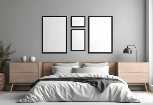 picture wooden frame mockup in modern bedroom. gray tone
