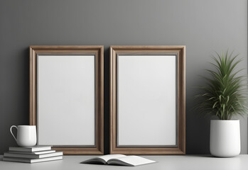 picture wooden frame mockup in modern library. gray tone
