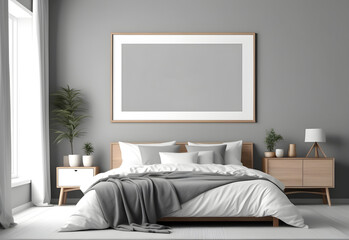 picture wooden frame mockup in modern bedroom. gray tone