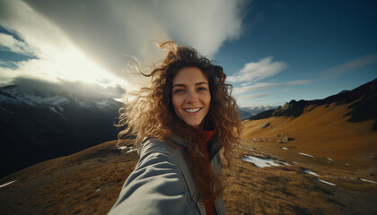 happy young girl takes a selfie in the mountains. a woman is filming her travel vlog.