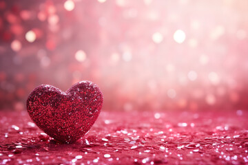 Fototapeta premium Glittering pink heart against dreamy backdrop with beautiful bokeh lights. Shining Valentine's Day background with empty, copy space for text. Particles, confetti. Greeting card design.