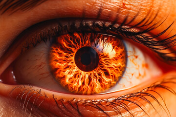 Beautiful eye of a female person. Burning glowing fire in the eye iris. Brown color with long, dark lashes. Natural makeup. Reflection of fire.