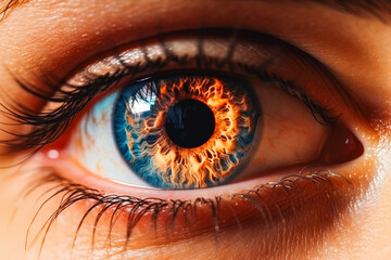 Beautiful eye of a female person. Burning glowing fire in the eye iris. Brown color with long, dark lashes. Natural makeup. Reflection of fire. - obrazy, fototapety, plakaty