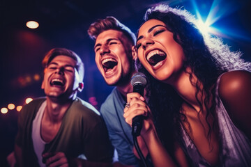 Group of diverse young friends singing at a karaoke party in a night club, laughing and having fun together. Graduation, new year or birthday party. - obrazy, fototapety, plakaty
