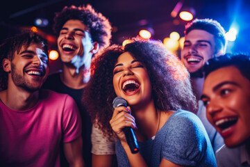 Group of diverse young friends singing at a karaoke party in a night club, laughing and having fun together. Graduation, new year or birthday party. - Powered by Adobe