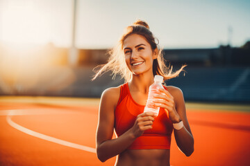 Beautiful woman sprinter athlete on track holding and drinking cold isotonic water. Preparing for training on stadium. Sweaty after exercises.