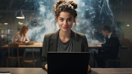 Hyper-realistic digital portrait inspired by Alyssa Monks, A joyful and confident businesswoman working on a laptop in a sleek and minimalist office space