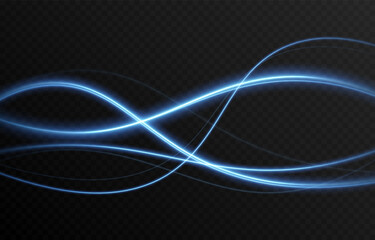 Vector blue glowing lines png. Magic lines of light. Speedy twisted lines. Light trail, glowing waves. Movement of energy flow. Light effect. PNG.