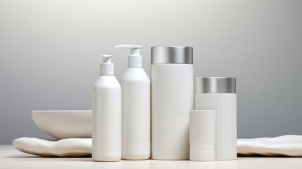 Fototapeta na wymiar Hair care set: cosmetic skincare products. Shampoo, oil, butter, and conditioner. Realistic cosmetics product bottles, tubes, and plastic containers. Product placement mock-ups