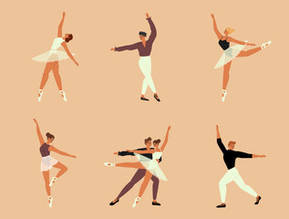 Isolated set of male and female ballet dancers - obrazy, fototapety, plakaty