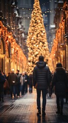 People in Christmas street near a decorated illuminated tree,