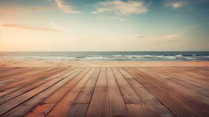 Fototapeta na wymiar wooden deck leading to a beautiful beach with clear sky in summer