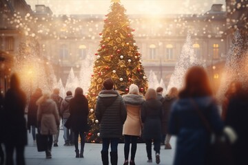 Christmas tree and people. Miniature of the old town during the holidays. City model