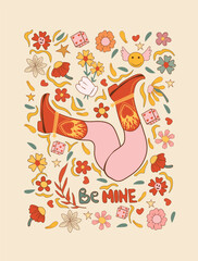 Groovy cowboy boots, daisy,flower perfect for Hippie 60s-70s themed posters. These floral romantic backgrounds come in a trendy,cute retro style,featuring yellow and pink hues.Ideal for greeting card